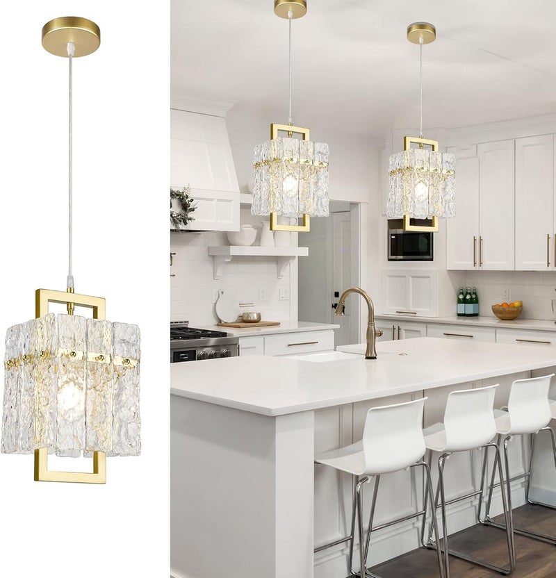 IKK Gold Crystal Pendant Light for Kitchen Island, Luxury Water Ripple Glass Chandelier Lights Fixture, Modern Elegant Adjustable Pendant Lighting for Dining Room Bedroom, E12 Bulb, L6.5'' x H11.8'' - Image 1